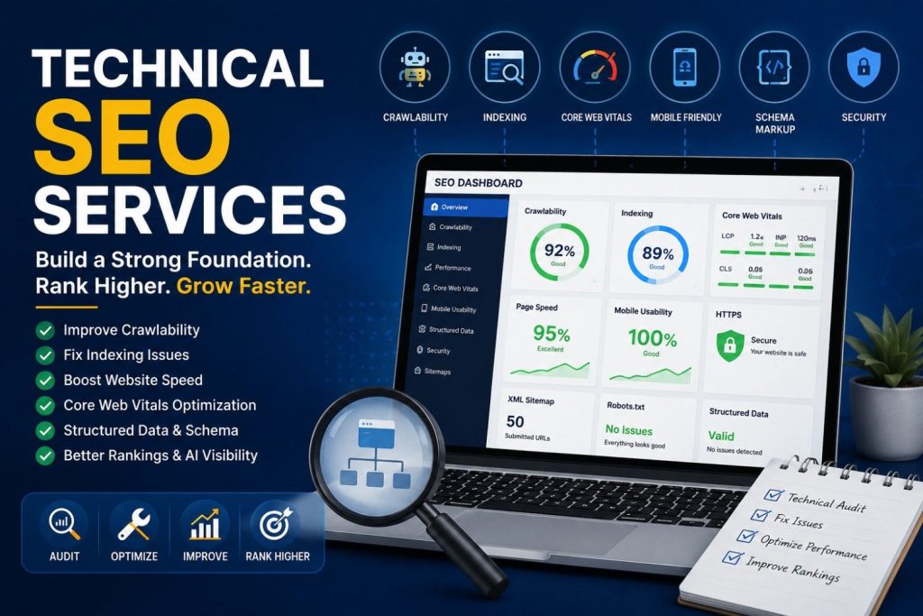 Technical SEO Services That Build a Strong Foundation for Higher Rankings and AI Visibility Technical SEO Services for improving website crawlability, indexing, Core Web Vitals, and AI visibility.